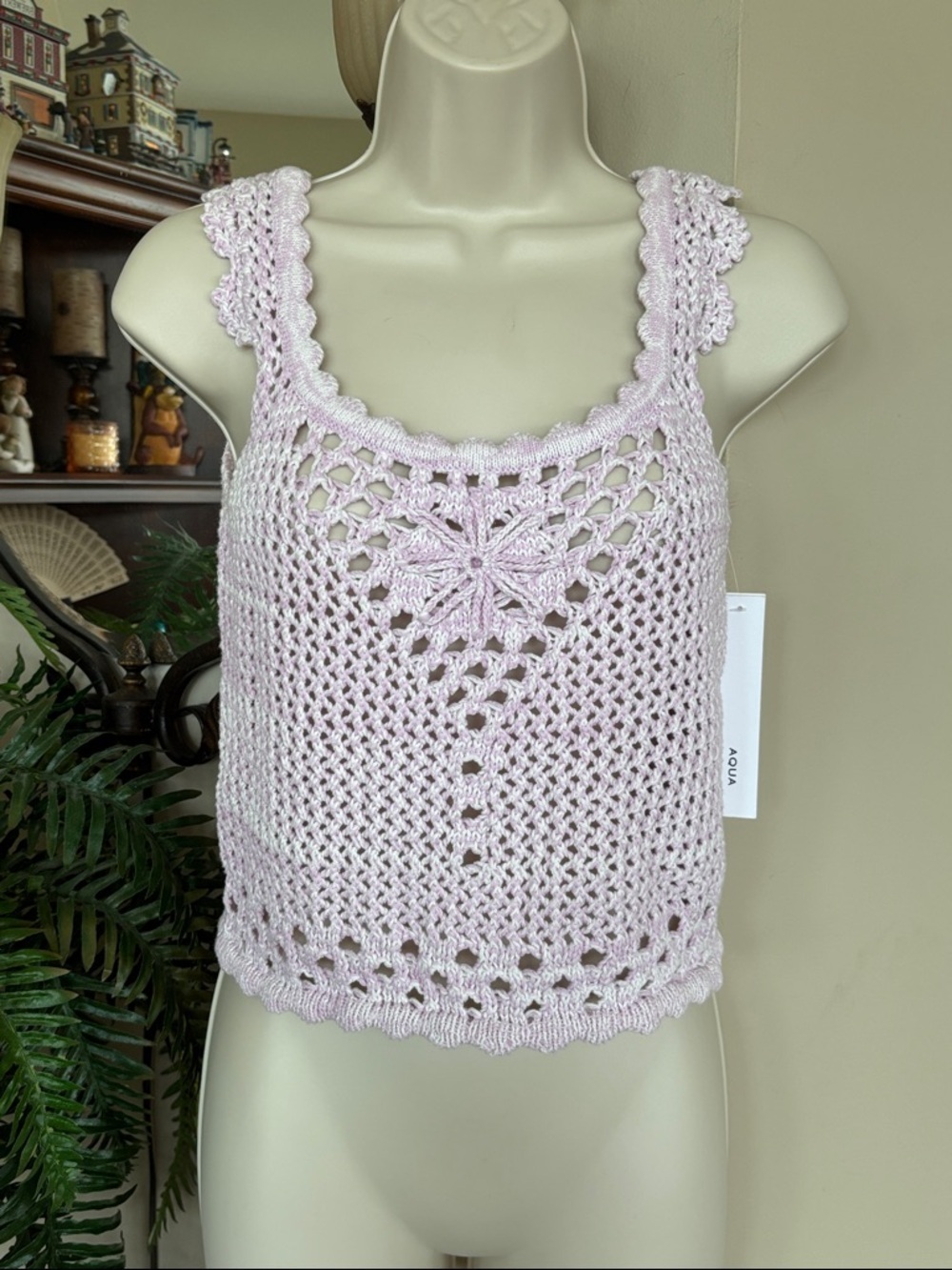 Brand New AQUA Crochet Tank Top in Pale Lavender & White Floral Ruffle Knit Boho